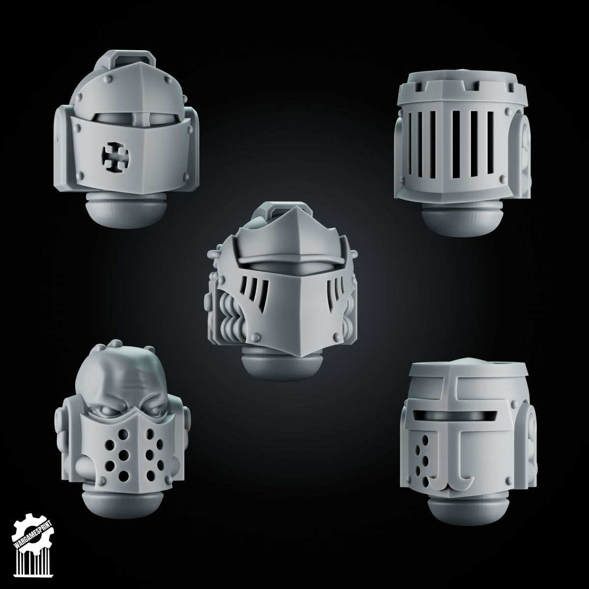 5 Crusader Helmets – SET 8 – Grimdark Knight Heads - resin bit - Sharkass