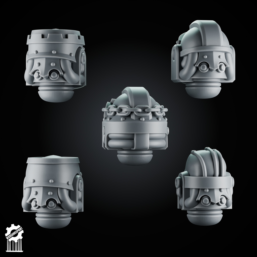 5 Crusader Helmets – SET 8 – Grimdark Knight Heads - resin bit - Sharkass