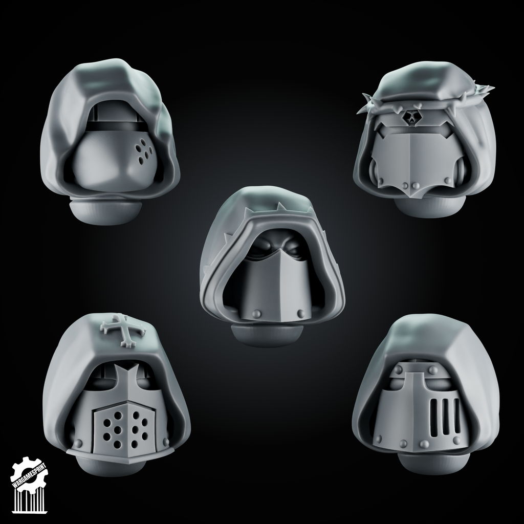 5 Crusader Helmets – SET 9 – Grimdark Knight Heads - resin bit - Sharkass