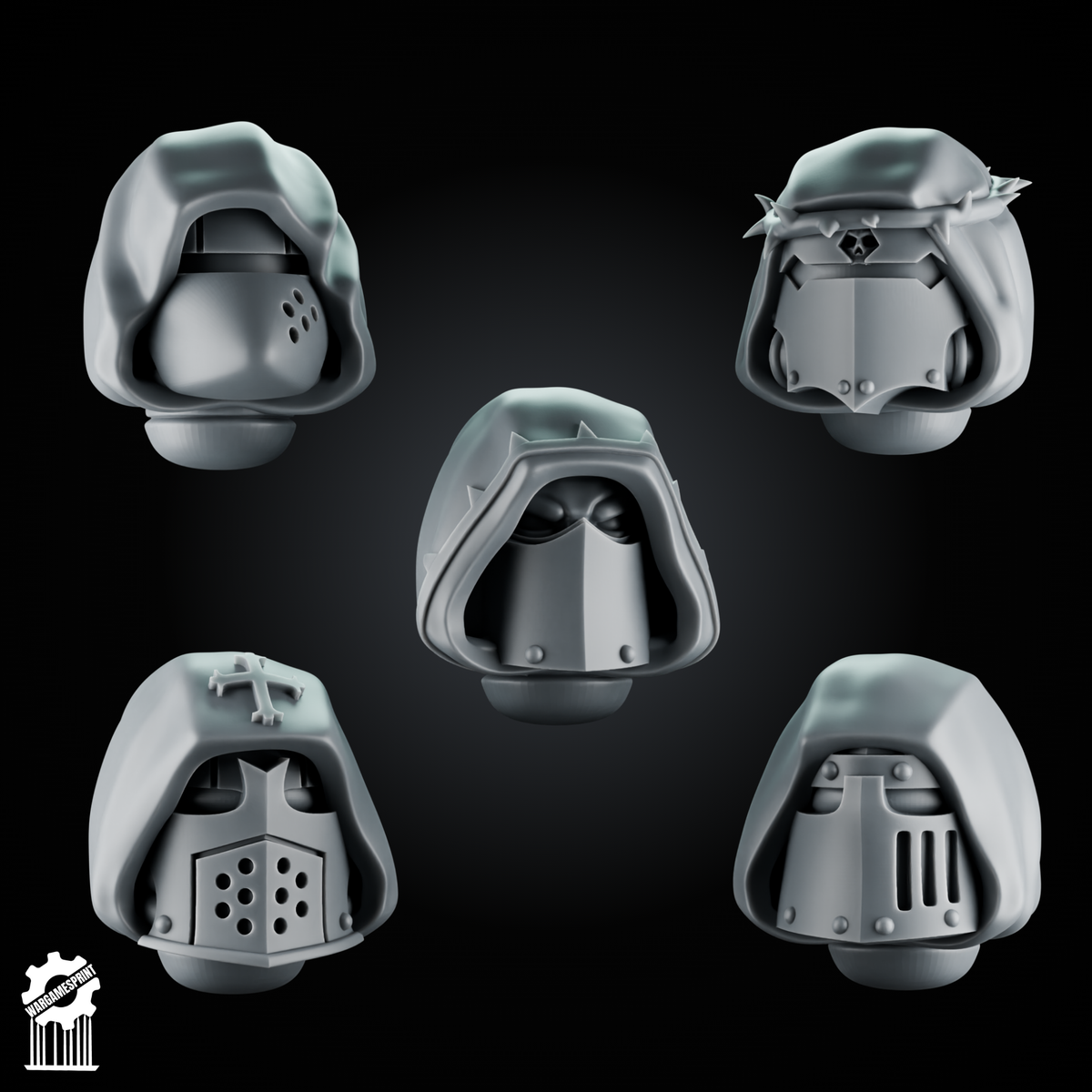 5 Crusader Helmets – SET 9 – Grimdark Knight Heads - resin bit - Sharkass