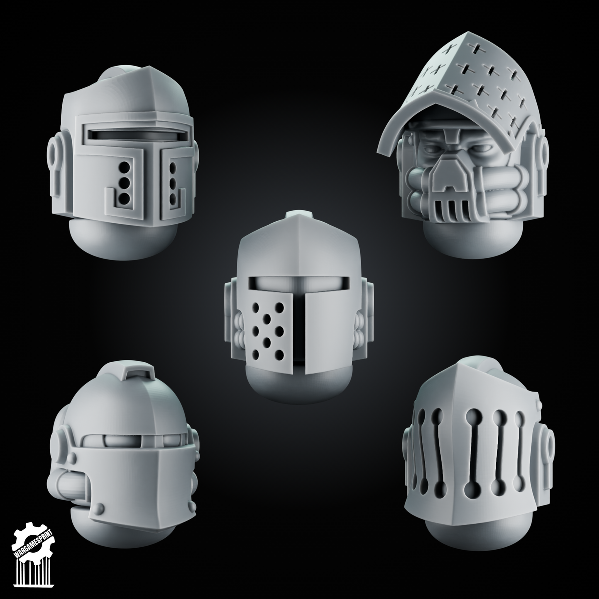 5 Crusader Helmets – SET 1 – Grimdark Knight Heads - resin bit - Sharkass