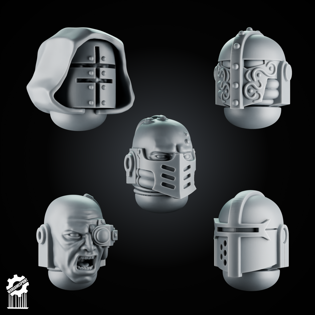 5 Crusader Helmets – SET 2 – Grimdark Knight Heads - resin bit - Sharkass