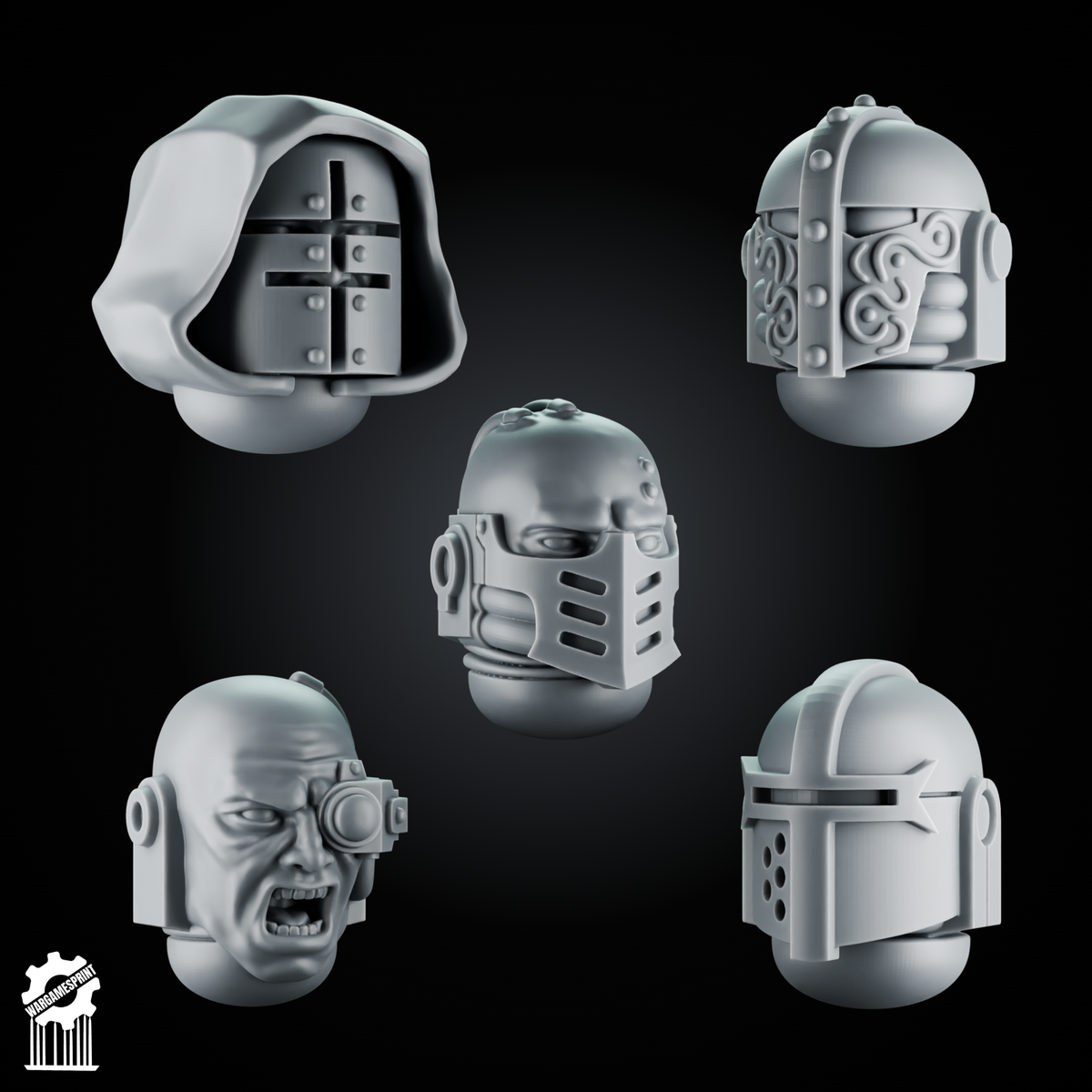 5 Crusader Helmets – SET 2 – Grimdark Knight Heads - resin bit - Sharkass