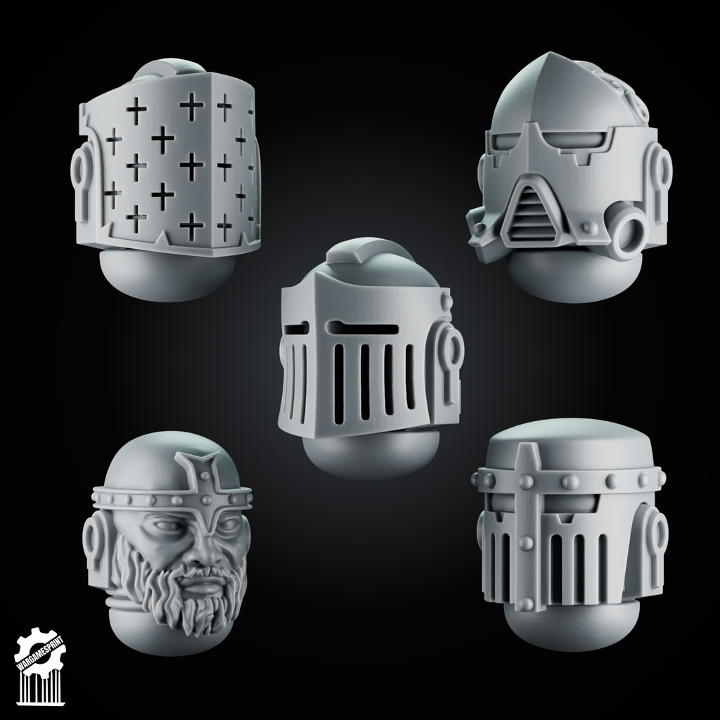 5 Crusader Helmets – SET 3 – Grimdark Knight Heads - resin bit - Sharkass