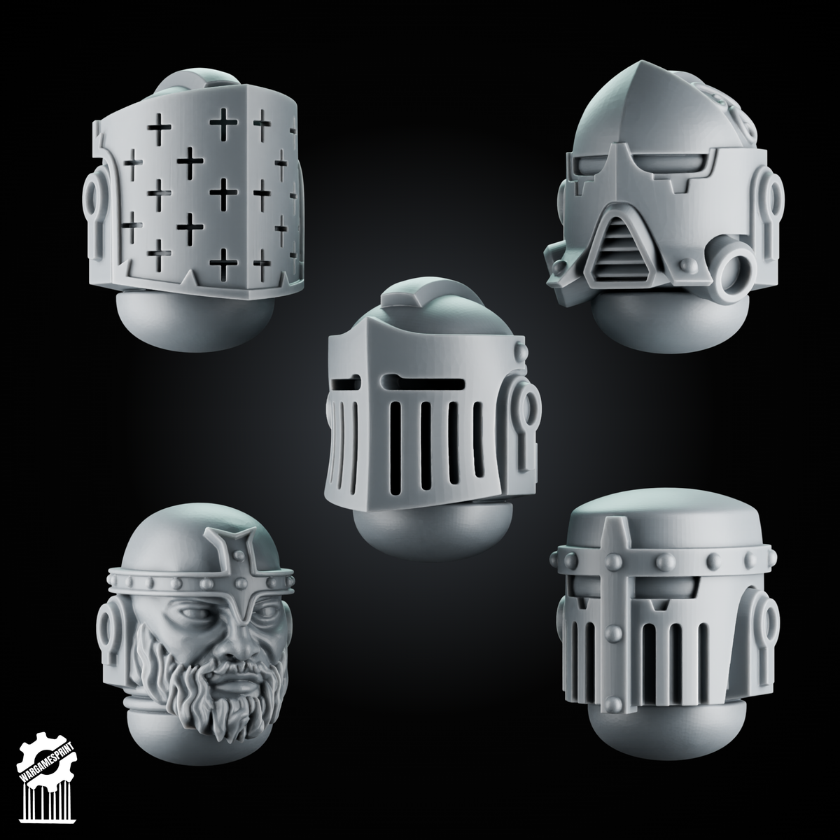 5 Crusader Helmets – SET 3 – Grimdark Knight Heads - resin bit - Sharkass