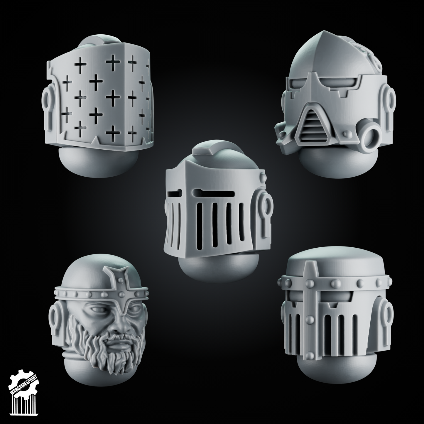 5 Crusader Helmets – SET 3 – Grimdark Knight Heads [Supported]