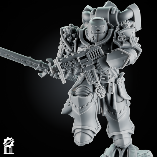 Luceran Veyth — Crusader Hero — Gothic grimdark champion with relic sword and sanctified carbine