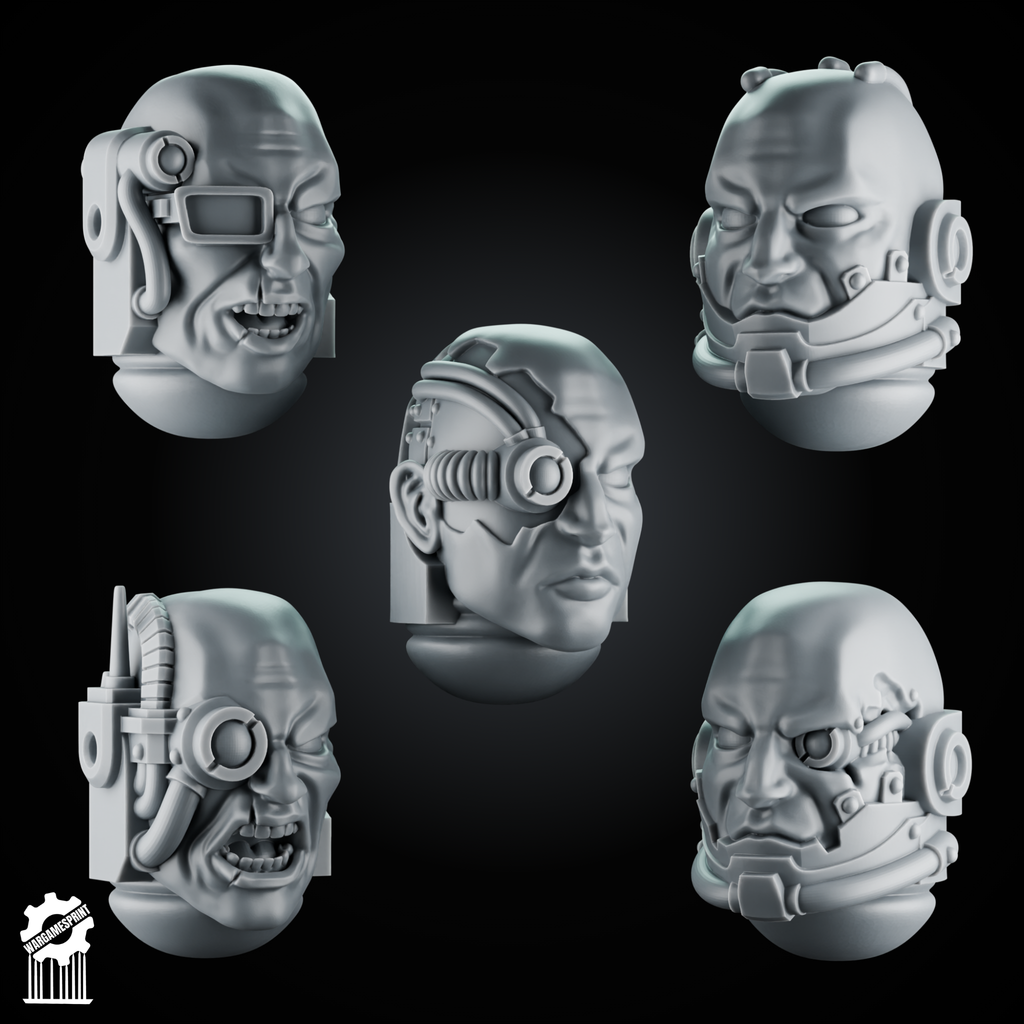 5 Cybernetic Neutral Heads – 32mm Heroic Scale – Sci-Fi Infantry Upgrades - resin bit - Sharkass