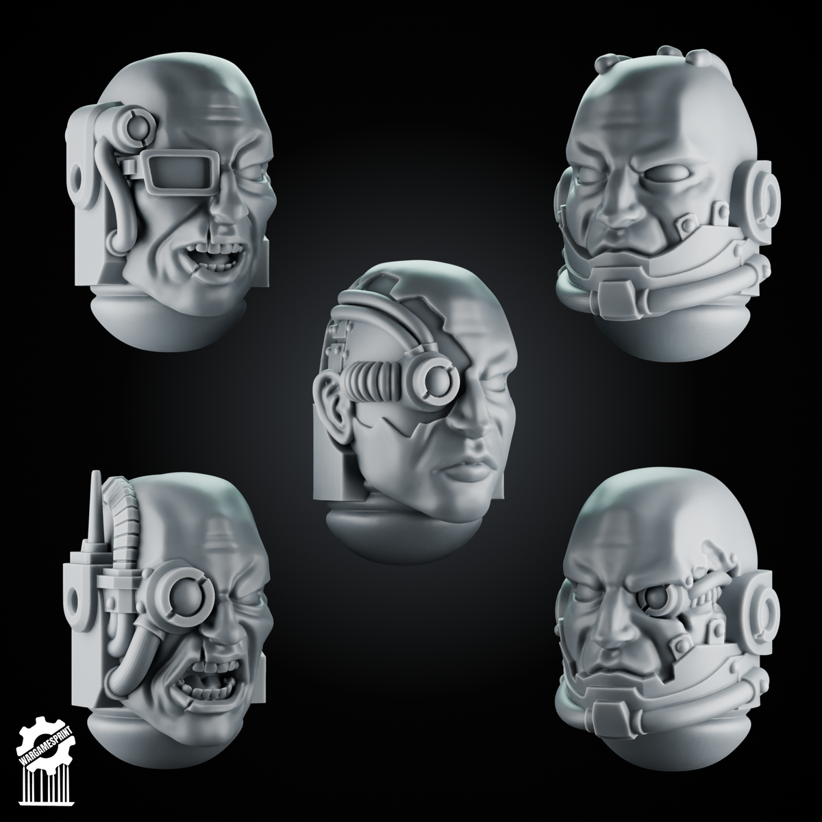 5 Cybernetic Neutral Heads – 32mm Heroic Scale – Sci-Fi Infantry Upgrades - resin bit - Sharkass