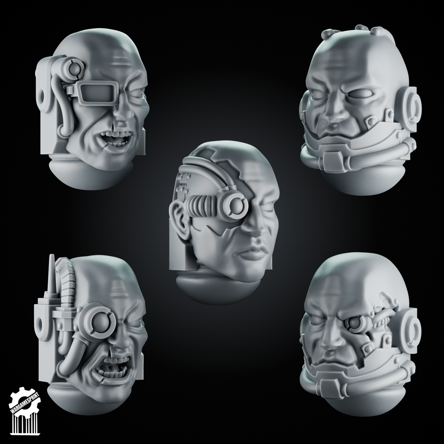 5 Cybernetic Neutral Heads – 32mm Heroic Scale – Sci-Fi Infantry Upgrades [Supported]