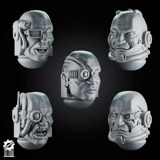 5 Cybernetic Neutral Heads – 32mm Heroic Scale – Sci-Fi Infantry Upgrades [Supported]