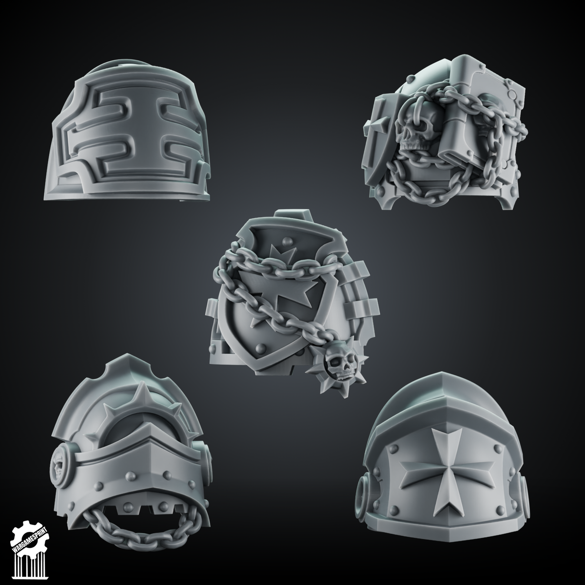 Crusader Shoulder Pad Set 3 – 5 Gothic Pauldrons + Heroic 32mm Scale - resin bit - Sharkass