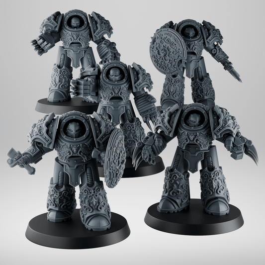 Exterminator Steel Paladins Squad x5  with Claws, Shields and Power Weapons – 32mm Grimdark Miniatures [Sharkass Exclusive]
