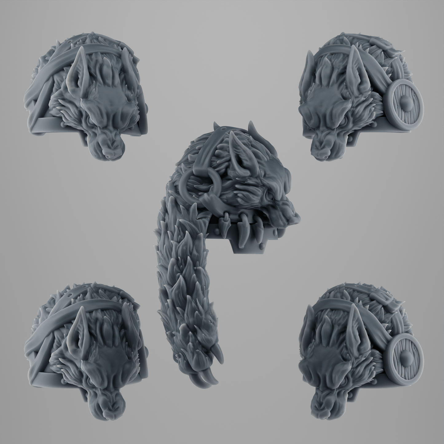 SET 6 - 5 Big Shoulder Pads for Wolf Warriors – for Exterminator Units – Viking-Style with Fur & Runes – 32mm