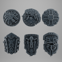 SET 3 - 6 Viking Shields for Wolf-Clan Warriors – Wood, Bone & Fur - Left Without arms - resin bit - Sharkass