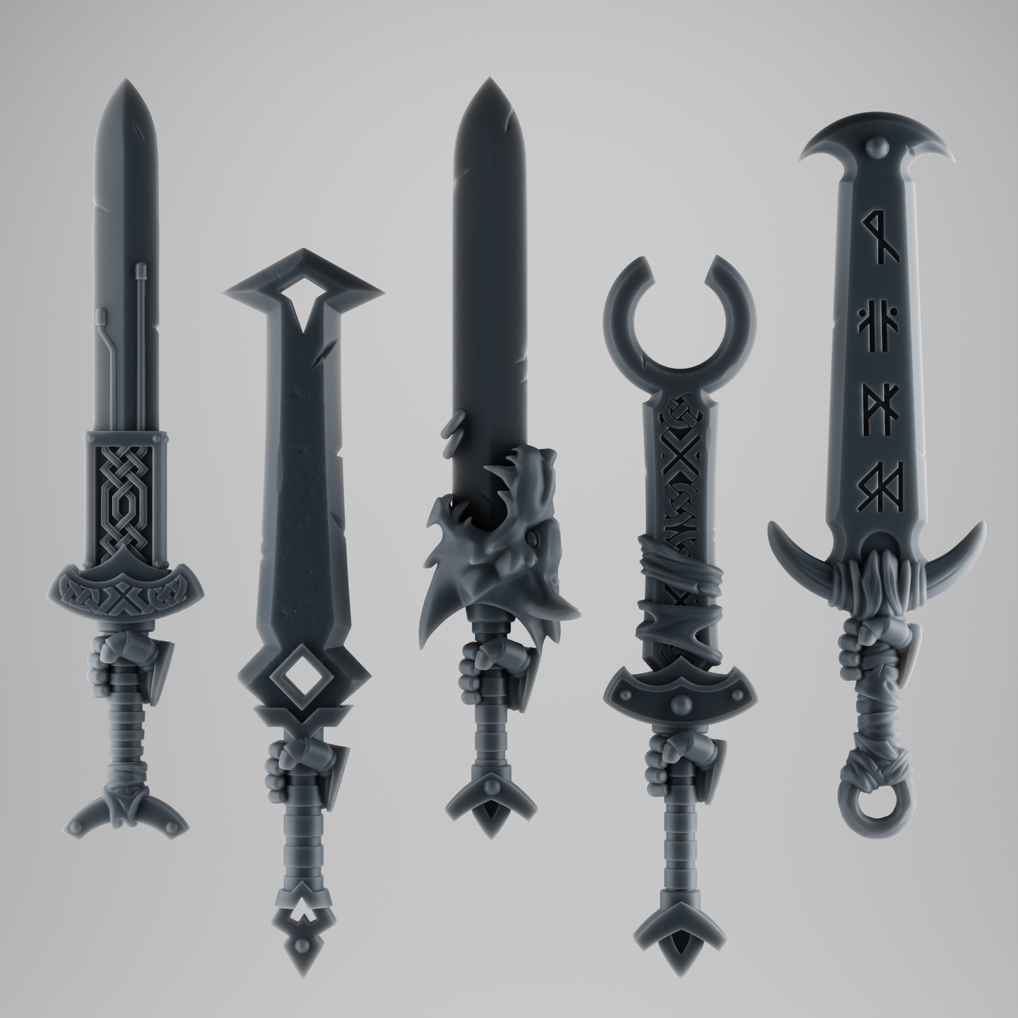 SET 2 - 5 Viking Wolf Swords – Runes & Cloth Wraps – Ultra HD 14K Resin