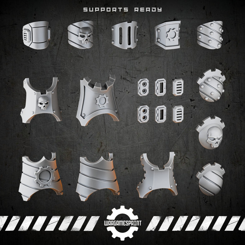 Bionic Legions Armour Plating Kit – 19 knee, leg & arm plates + connectors – render 1 STL