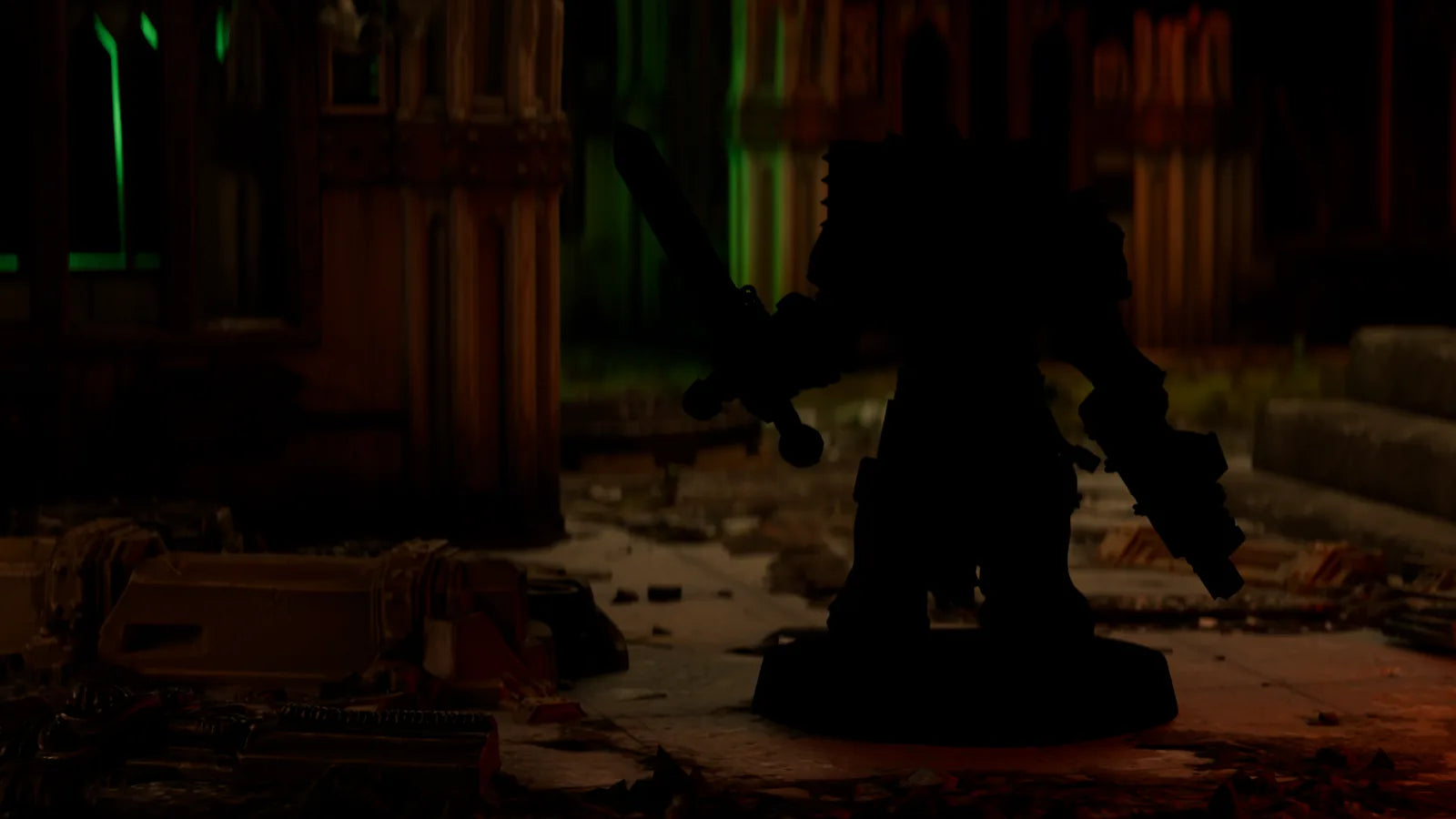 Unpainted 32 mm resin warrior standing in a ruined gothic hall