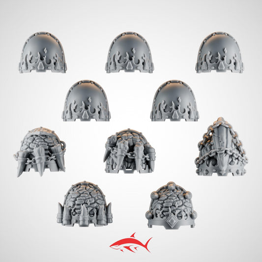 Set 1 – 10 Ember Forge Shoulder Pads for Fire Lizard – Flames, Chains, Spikes, Relics & Stone Motifs