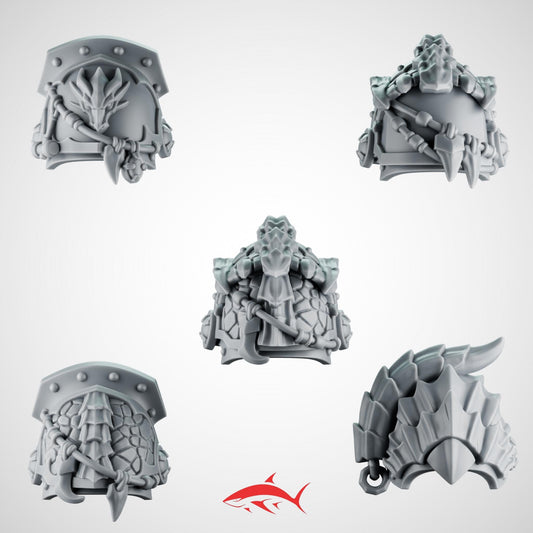 Set 6 – 5 Greytide Shoulder Pads for Fire Lizard – Flames, Chains, Spikes, Relics & Dragon Motifs