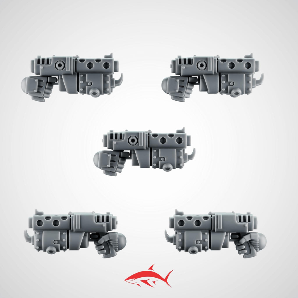Set 2 – 5 Flamethrowers for Heavy Guard – Compact Incinerators with Armored Fuel Lines - Left - resin bit - Sharkass