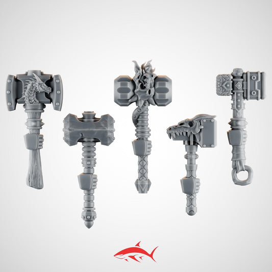 Set 1 – 5 Emberforge Hammers for Fire Lizard – Dragon-Head Mauls, Rune-Carved Blocks & Forge Emblems