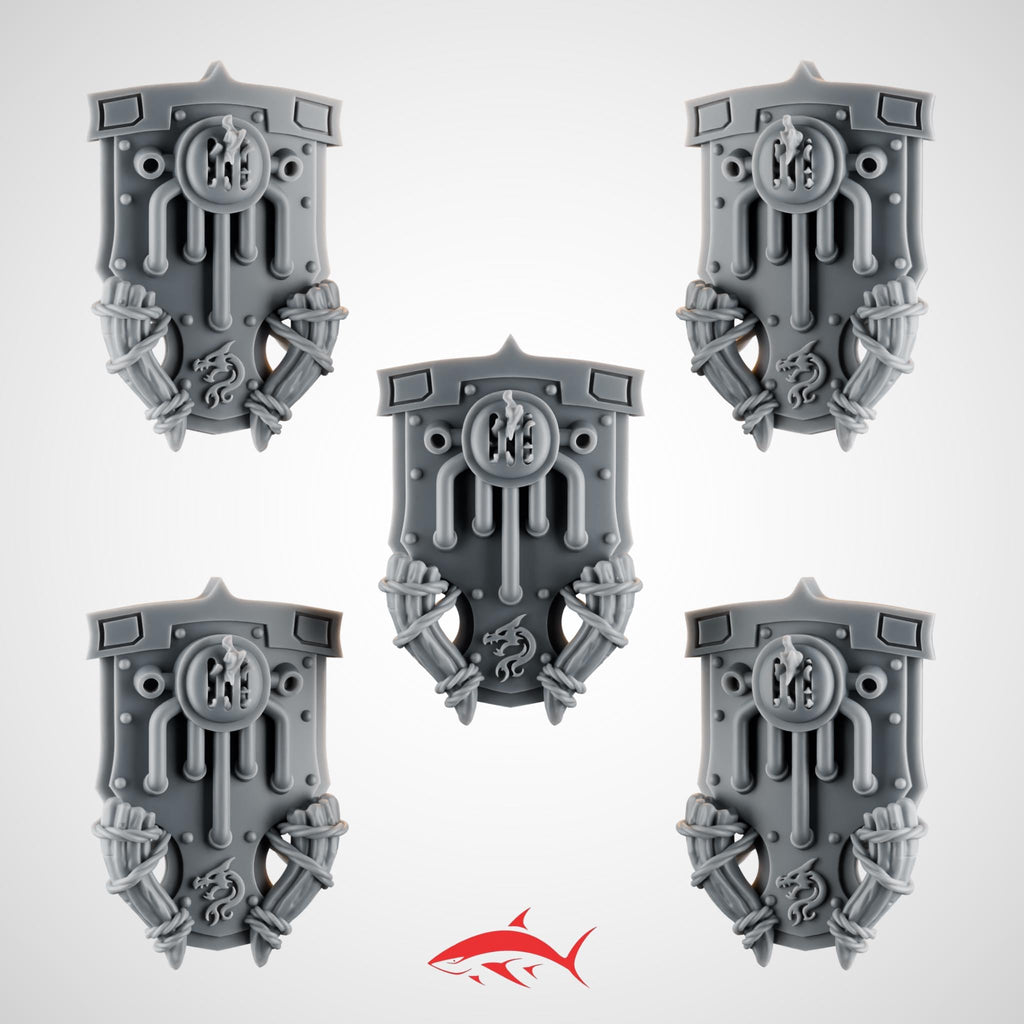 Set 3 – 5 Terminator Shields – Ember Forge for Fire Lizard – Candle Sigils, Pipework, Rope Lashings & Riveted Frames - Left