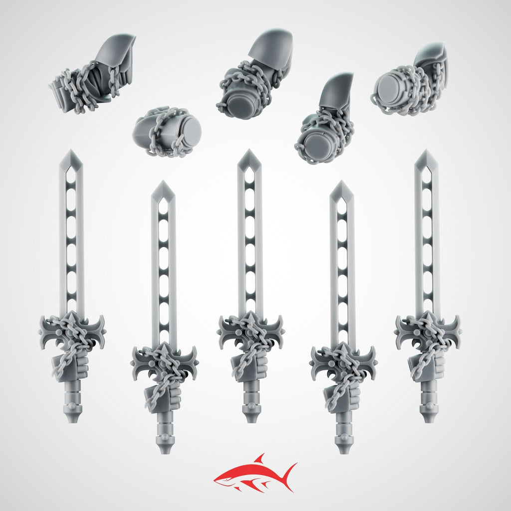Set 3 - 5 Black Crusader Chain Swords – Knightly Power Blades with Chains to Arm - Left - resin bit - Sharkass