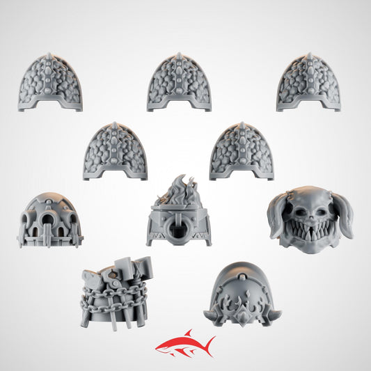 Set 2 – 10 Ember Forge Shoulder Pads for Fire Lizard – Flames, Chains, Spikes, Relics & Stone Motifs