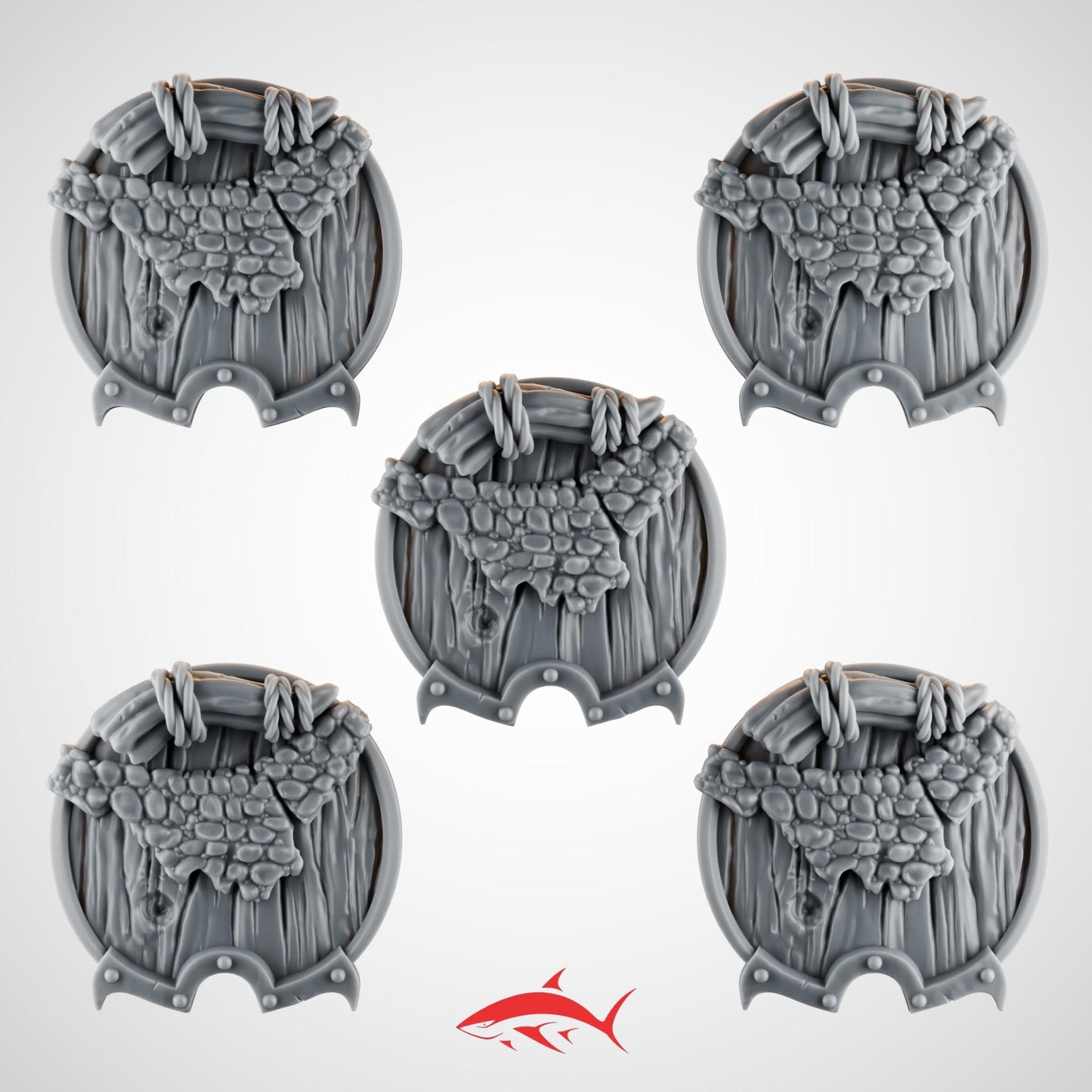 Set 1 – 5 Ember Forge Shields for Fire Lizard – Round Wood Planks, Rope Lashings & Dragon Skin