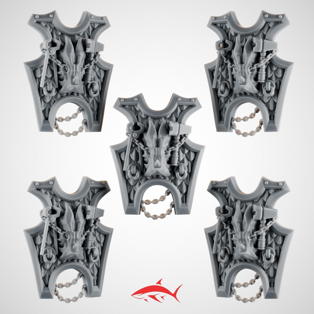 Set 2 - 5 Heavy Guard Shields Ember Forge for Fire Lizard - Dragon Scale Facets & Riveted Frames - Left - resin bit - Sharkass