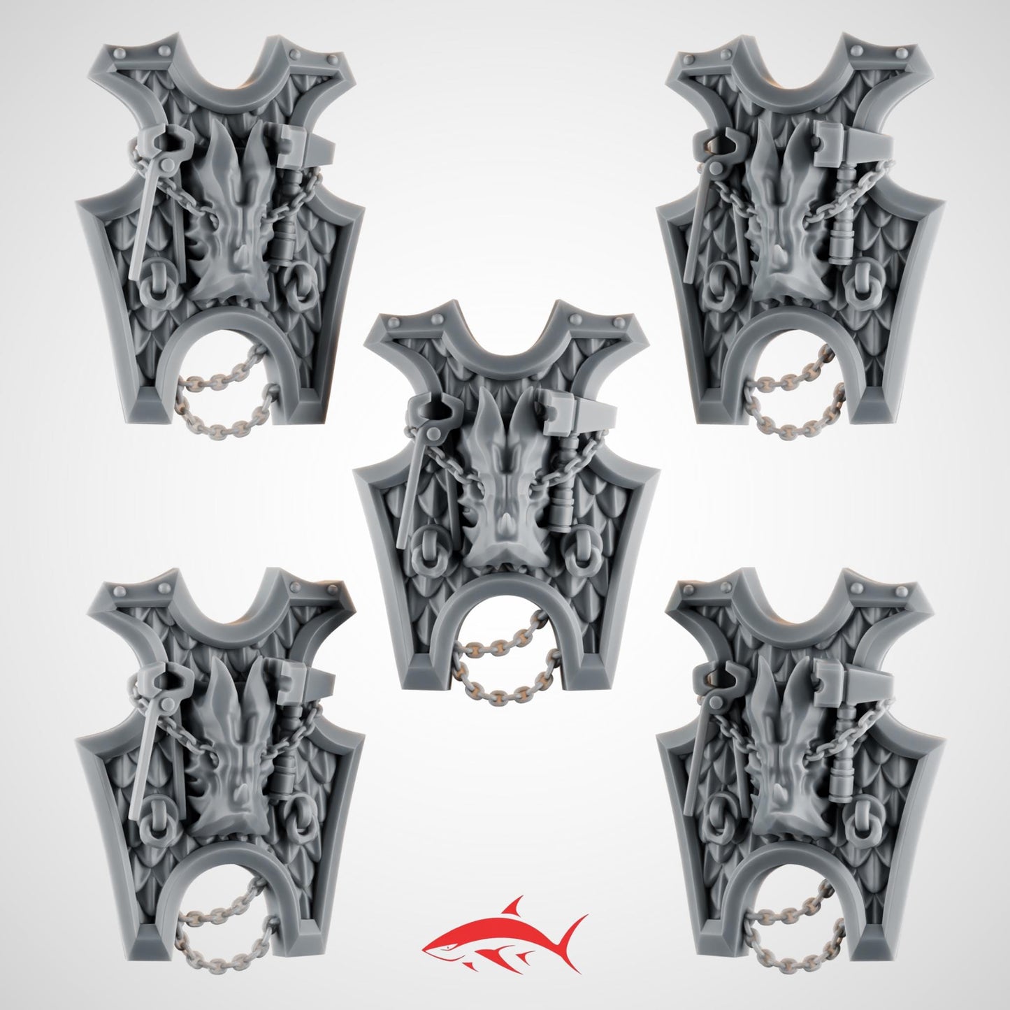 Set 2 - 5 Terminator Shields Ember Forge for Fire Lizard - Dragon Scale Facets & Riveted Frames