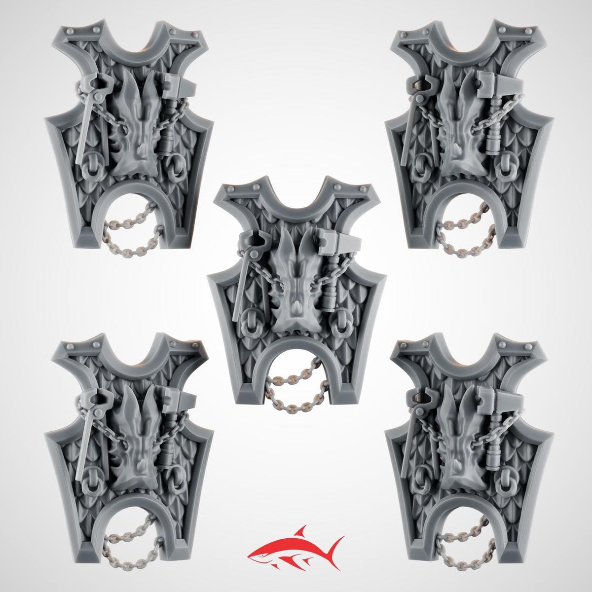 Set 2 - 5 Heavy Guard Shields Ember Forge for Fire Lizard - Dragon Scale Facets & Riveted Frames - Left - resin bit - Sharkass