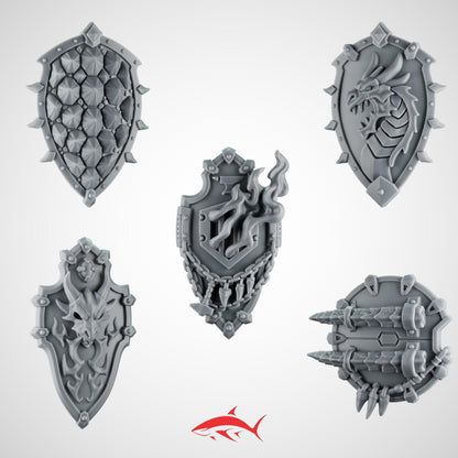 Set 8 – 5 Greytide Shields for Fire Lizard – Spike, Dragon Head And Claw