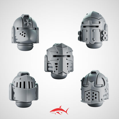 SET 7 - 5 Crusader Helmets – Gothic Heads for Black Faith Warriors – 32mm Kitbash Bits