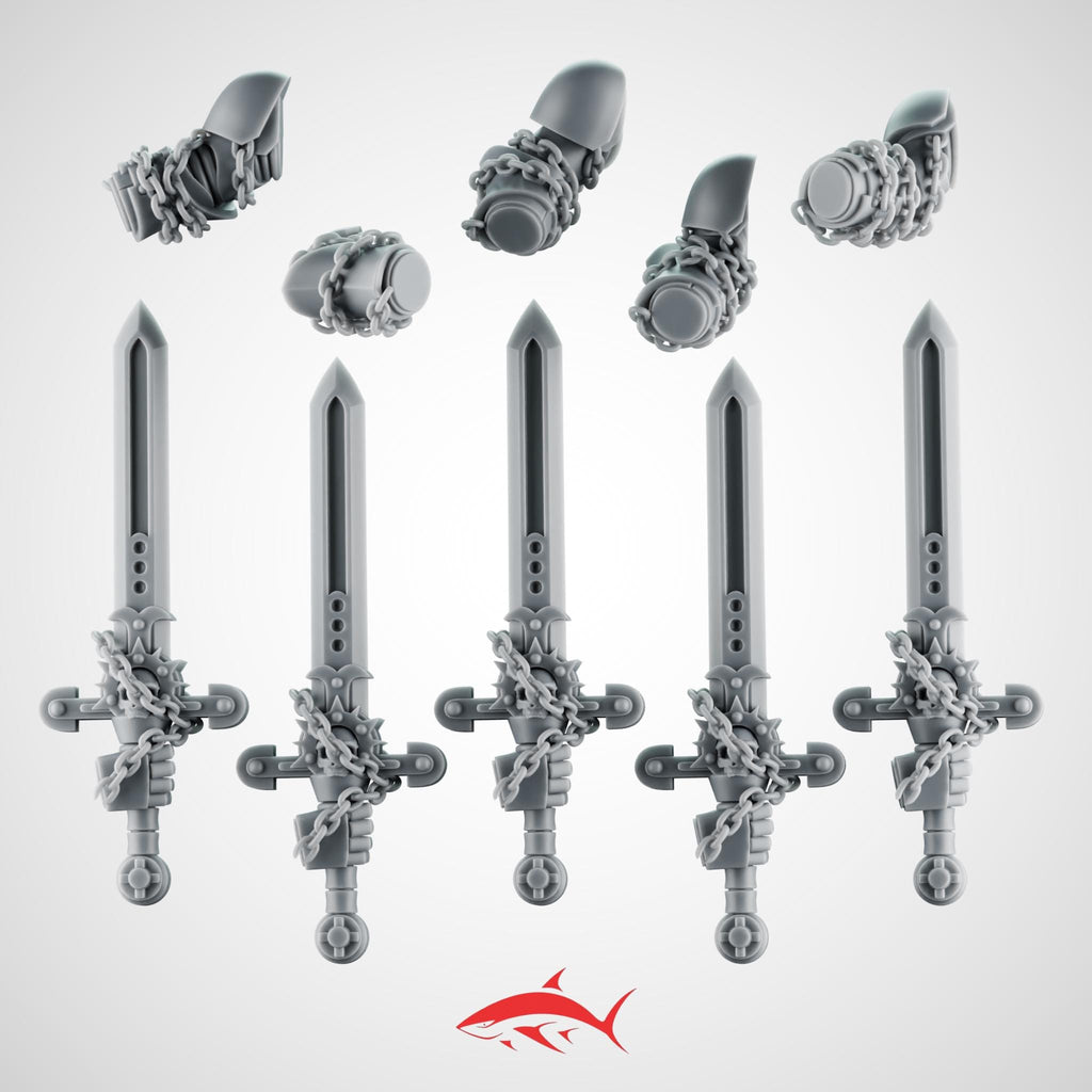 Set 6 - 5 Black Crusader Chain Swords – Knightly Power Blades with Chains to Arm - Left - resin bit - Sharkass