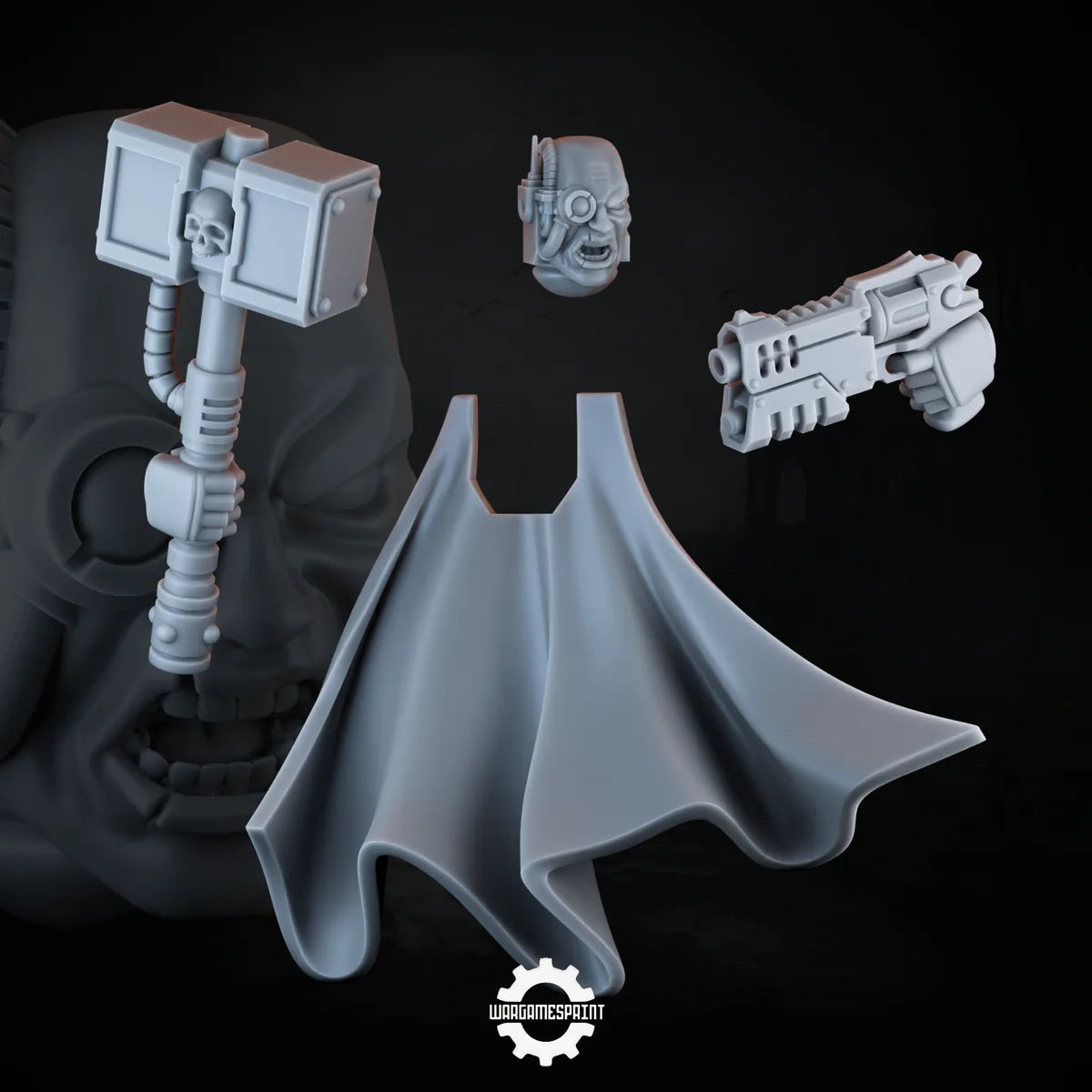 Free STL bits set: forge hammer, revolver pistol, cyborg head and battle cloak