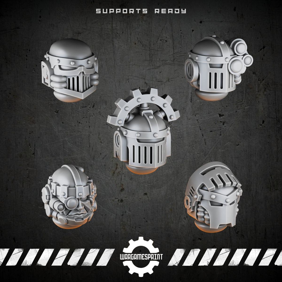 Bionic Legions Battle Helmets Set 1 – 5 industrial sci-fi helmets – render 1 STL