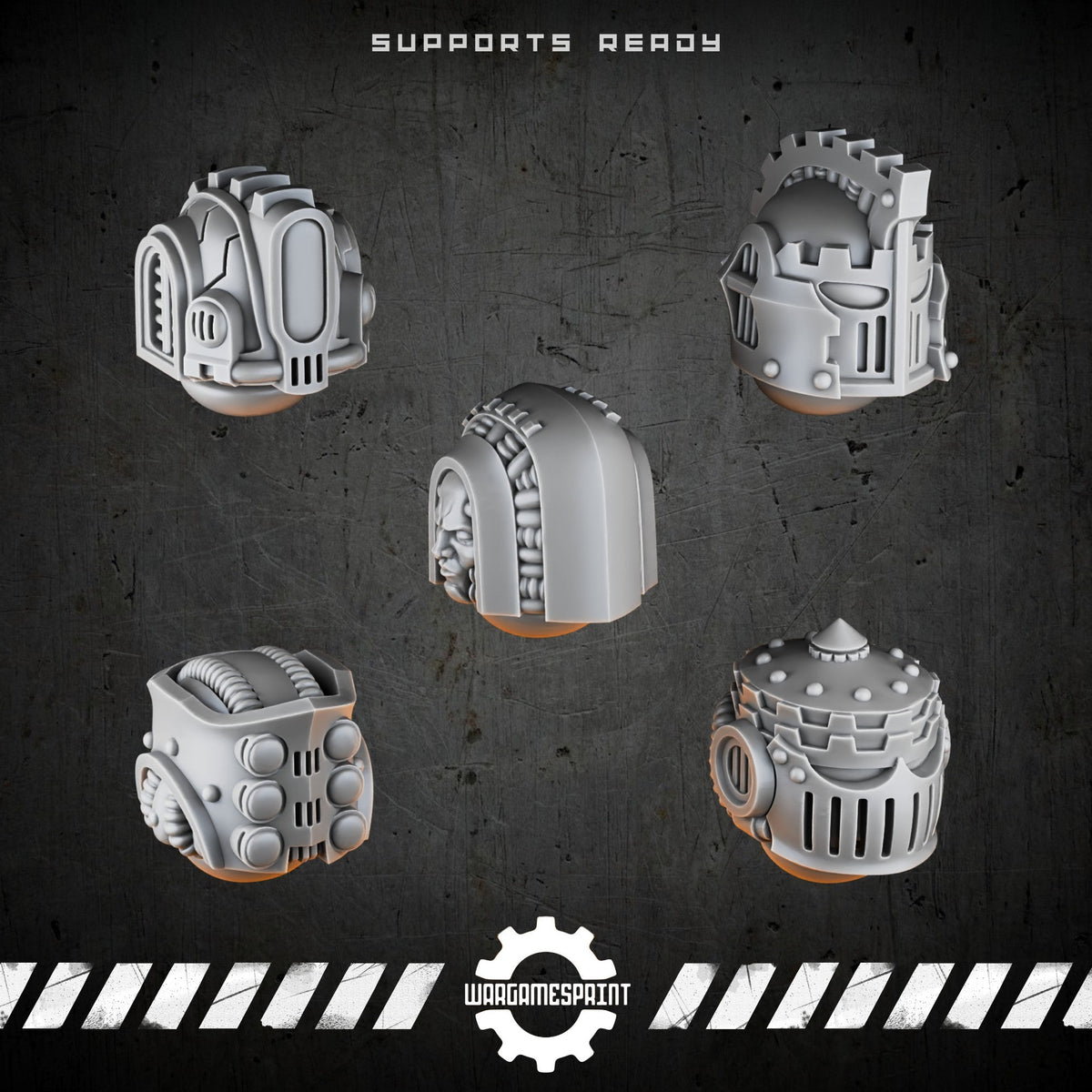 Bionic Legions Battle Helmets Set 2 – 5 industrial sci-fi helmets – render 1 STL