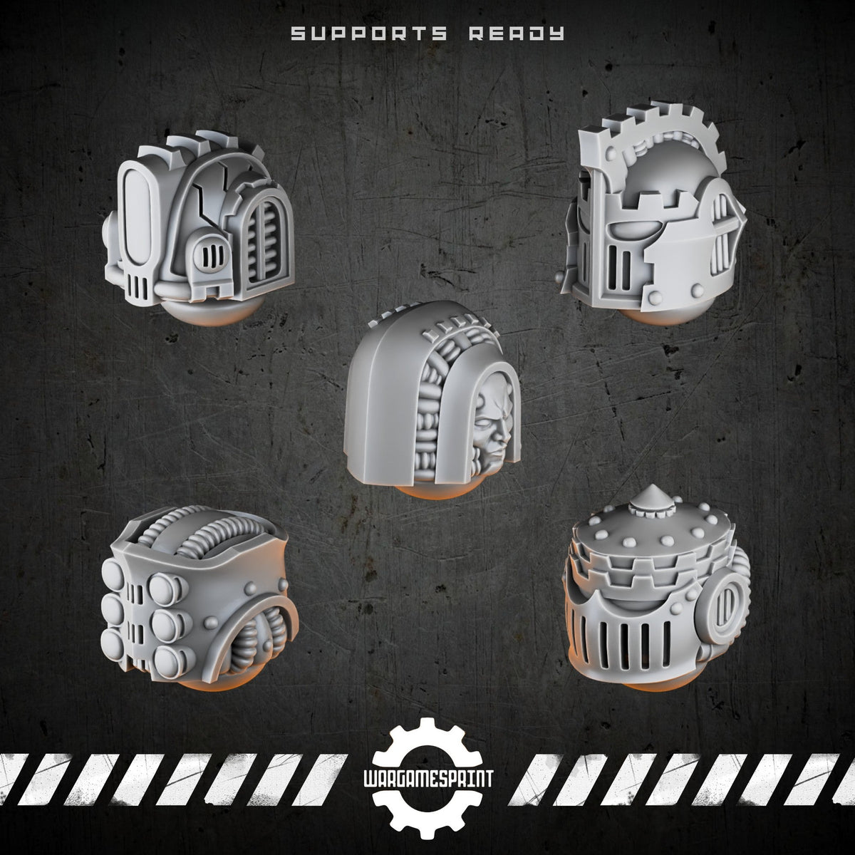 Bionic Legions Battle Helmets Set 2 – 5 industrial sci-fi helmets – render 2 STL