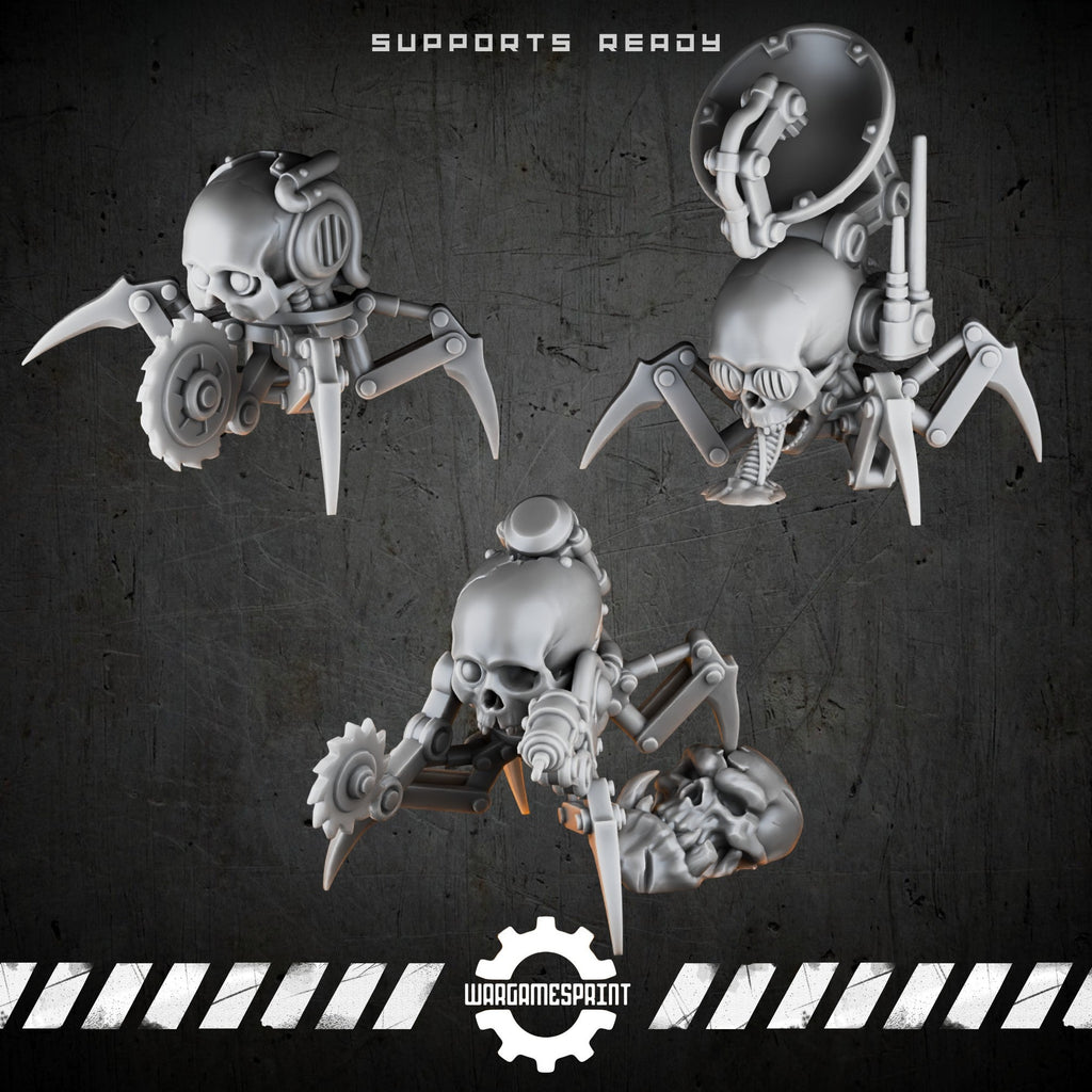 Bionic Legions Cyber-Skull Walkers – 3 legged drone skulls + alien skull – render 1 STL