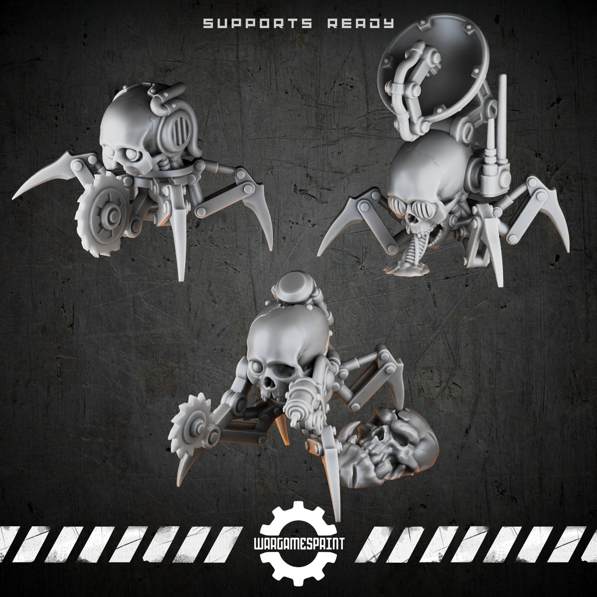 Bionic Legions Cyber-Skull Walkers – 3 legged drone skulls + alien skull – render 1 STL