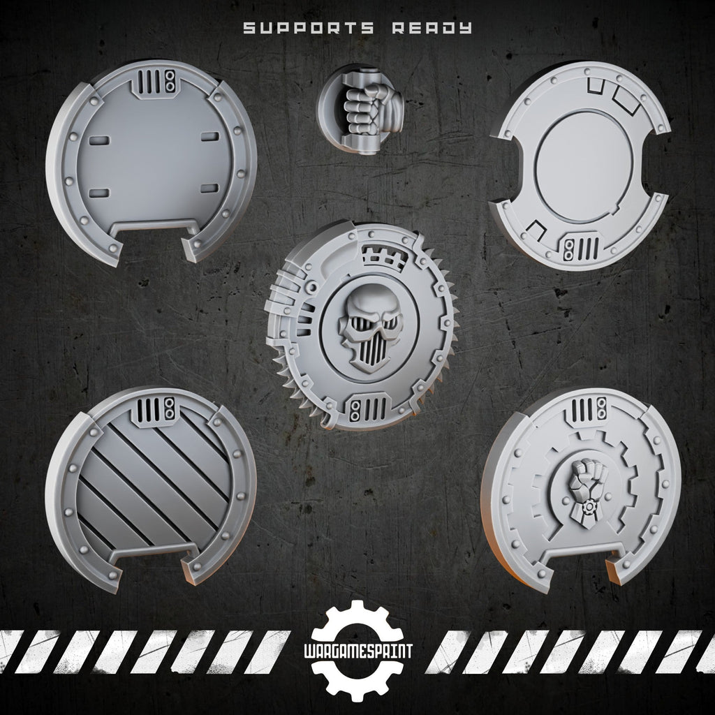 Bionic Legions Round Boarding Shields Set 1 – 5 shields + handle – render 1 STL