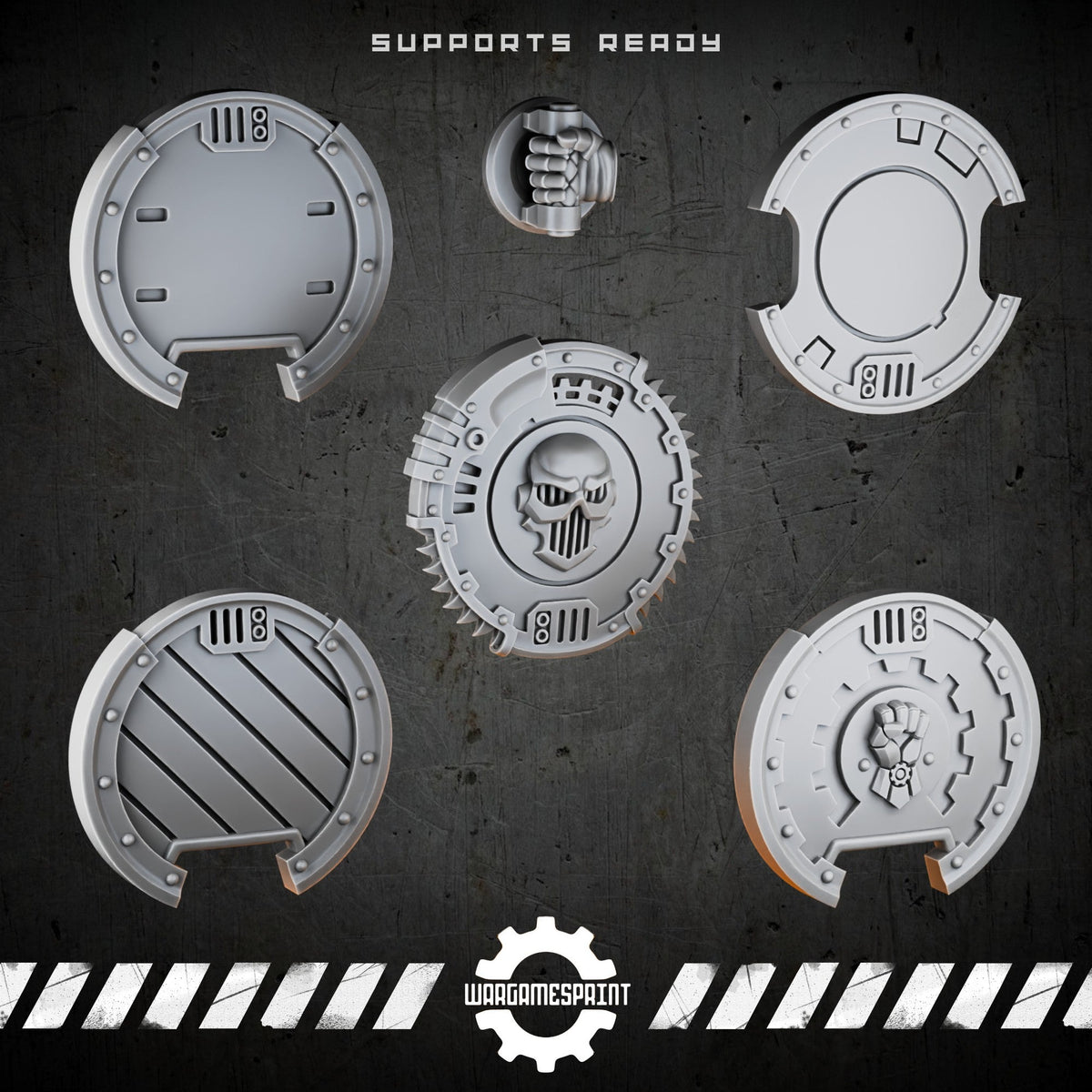 Bionic Legions Round Boarding Shields Set 1 – 5 shields + handle – render 1 STL