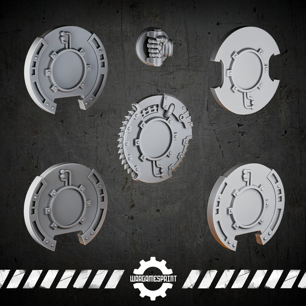 Bionic Legions Round Boarding Shields Set 1 – 5 shields + handle – render 2 STL