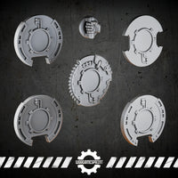 Bionic Legions Round Boarding Shields Set 1 – 5 shields + handle – render 2 STL