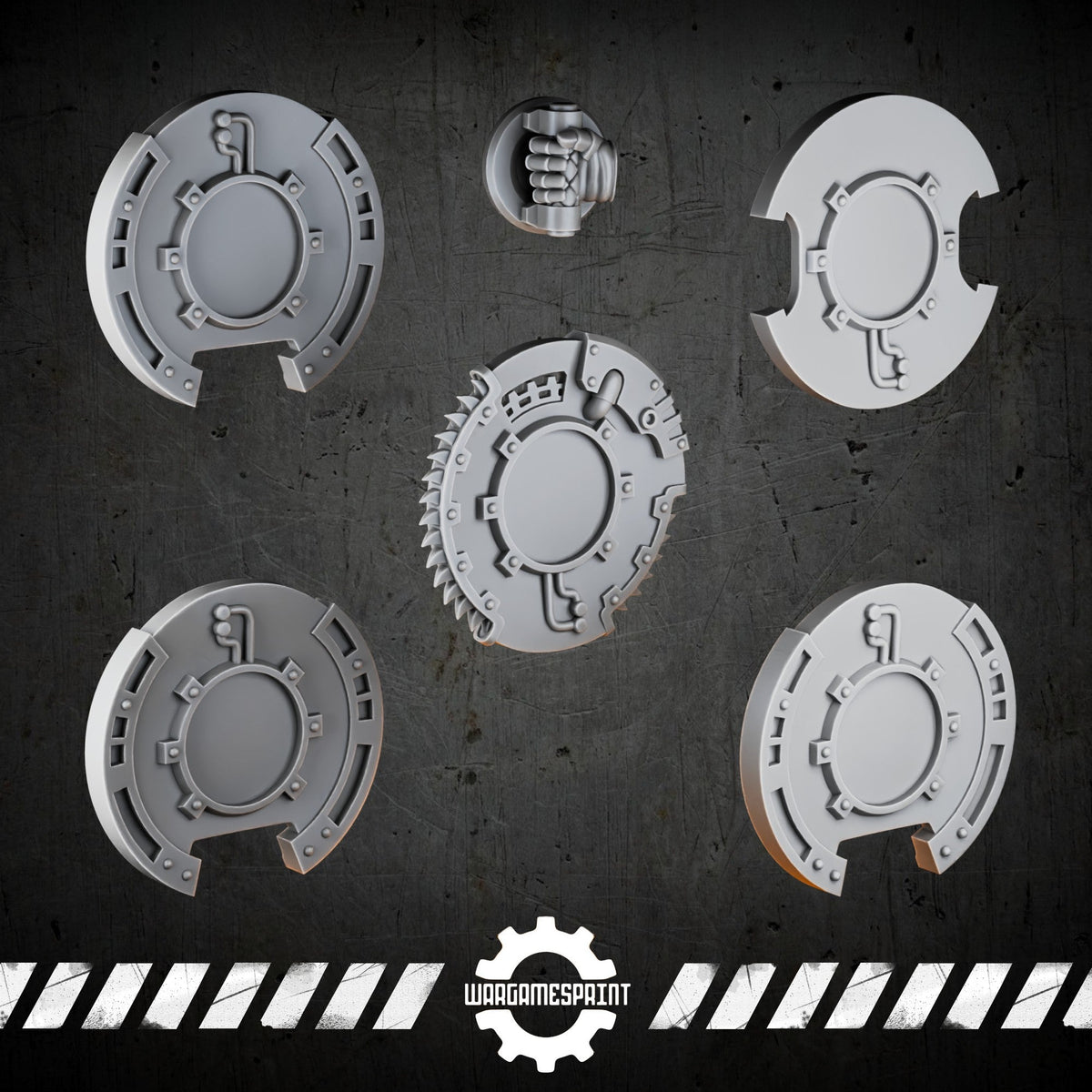 Bionic Legions Round Boarding Shields Set 1 – 5 shields + handle – render 2 STL